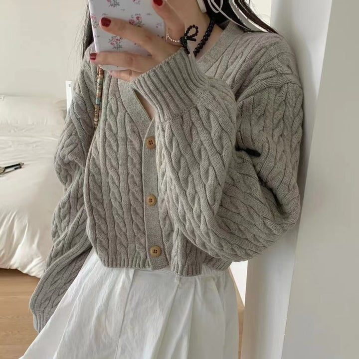 Damen kuscheliger Strickcardigan mit V-Ausschnitt und großen Knöpfen Drune