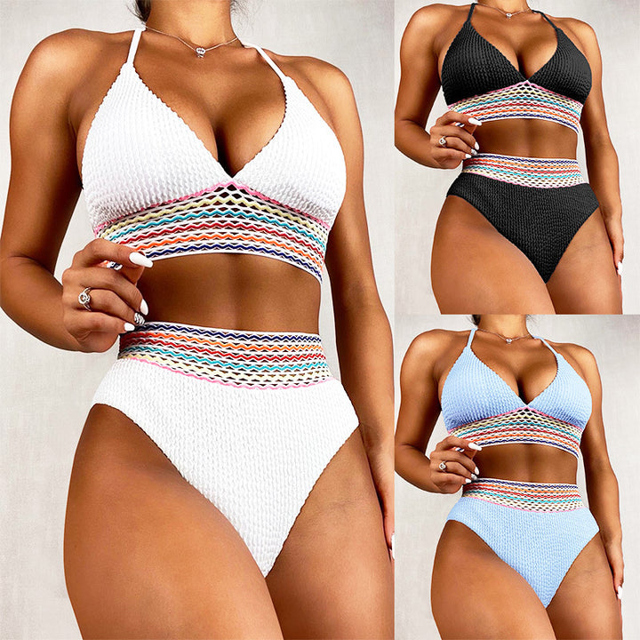 Damen Triangel-Bikini mit hoch geschnittenem Unterteil und buntem Wickelband Drune