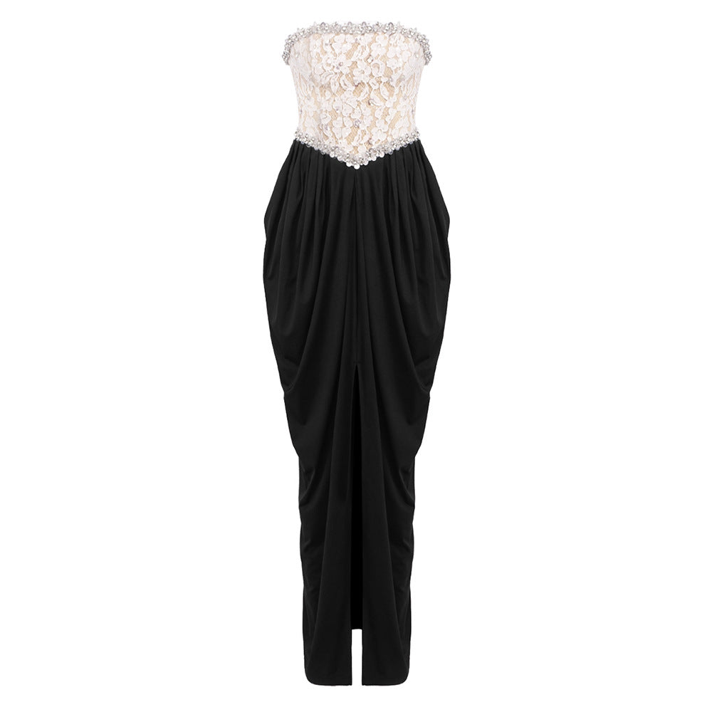 Damen elegantes Abendkleid mit schimmerndem Spitzenoberteil und Drapierungsdetails Drune