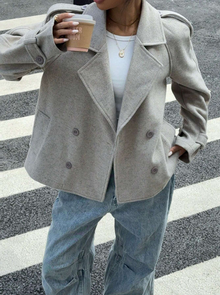 Damen modische Wolle-Lapel-Jacke mit Doppelreihe Drune