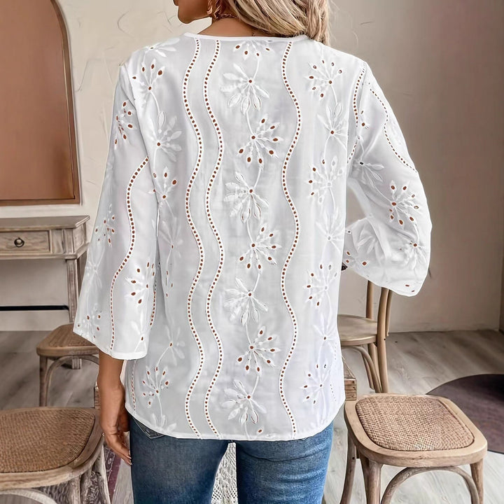 Damen bestickte Bluse mit elegantem V-Ausschnitt und 3/4-Ärmeln Drune