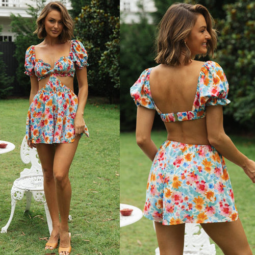 Damen Sommerliches Mini-Set mit Puffärmeln und Cut-Out-Details Drune