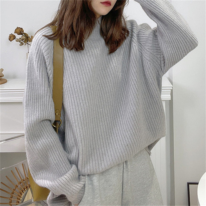 Damen lässiger Grobstrickpullover mit hochgeschlossenem Kragen und asymmetrischem Saum Drune