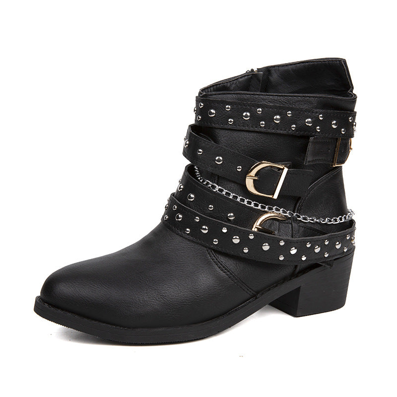 Damen nan knöchelhohe Biker-Stiefelette mit Nietenriemen, Ketten- und Dornschließen-Details Drune