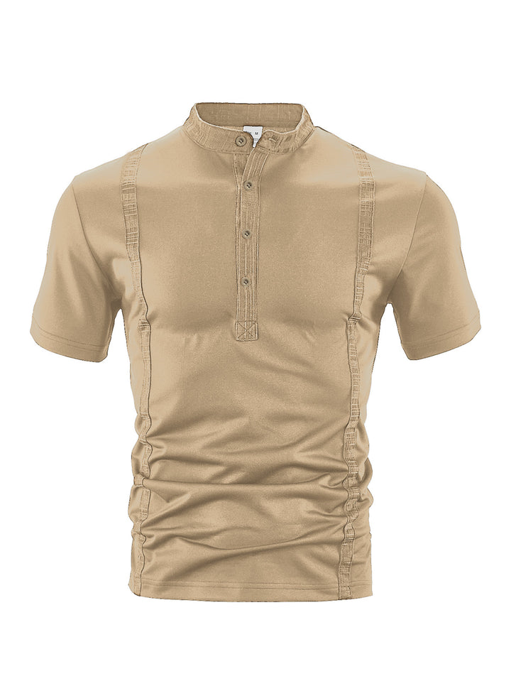 Herren nan Kurzarm-Stehkragenshirt mit verdeckter Knopfleiste, Zierpaspeln und figurbetonter Silhouette Drune
