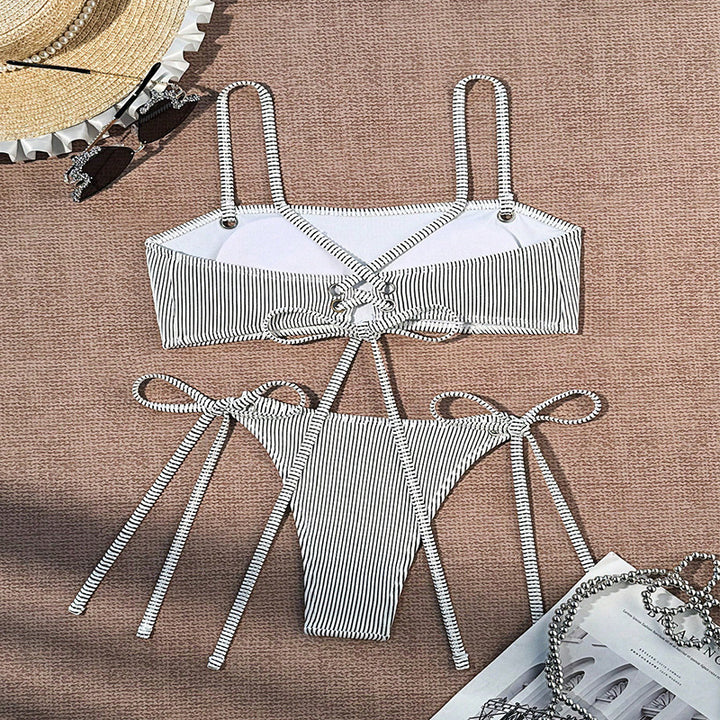 Damen Bikiniset mit modischem Streifenmuster und verstellbaren Schnürdetails Drune