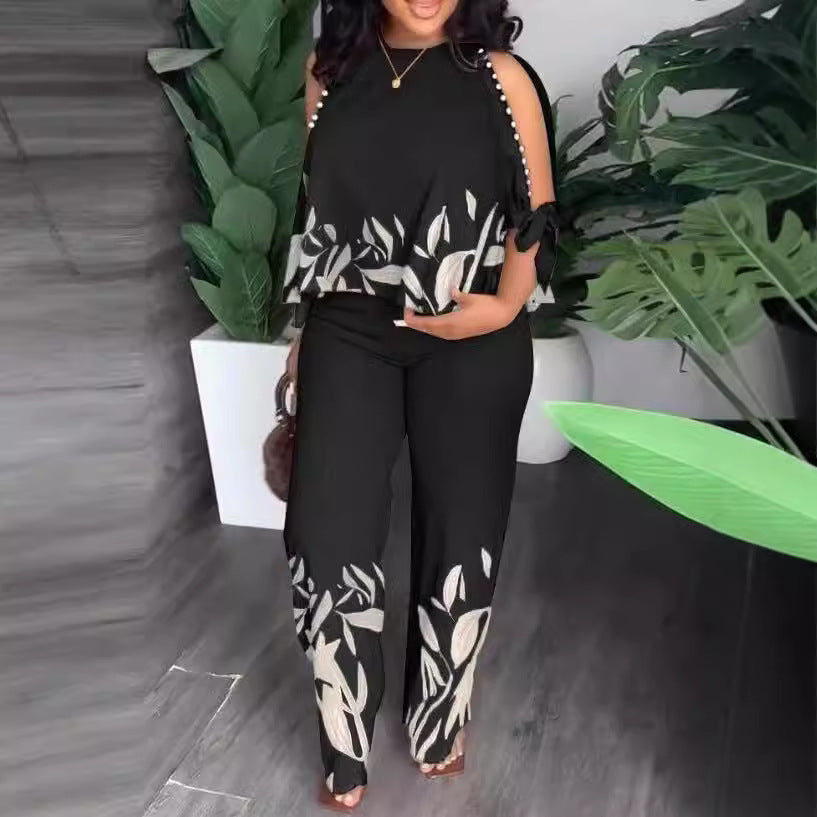 Damen Elegant gestaltetes Sommeroutfit mit floralem Design und Schulterfreiem Oberteil Drune