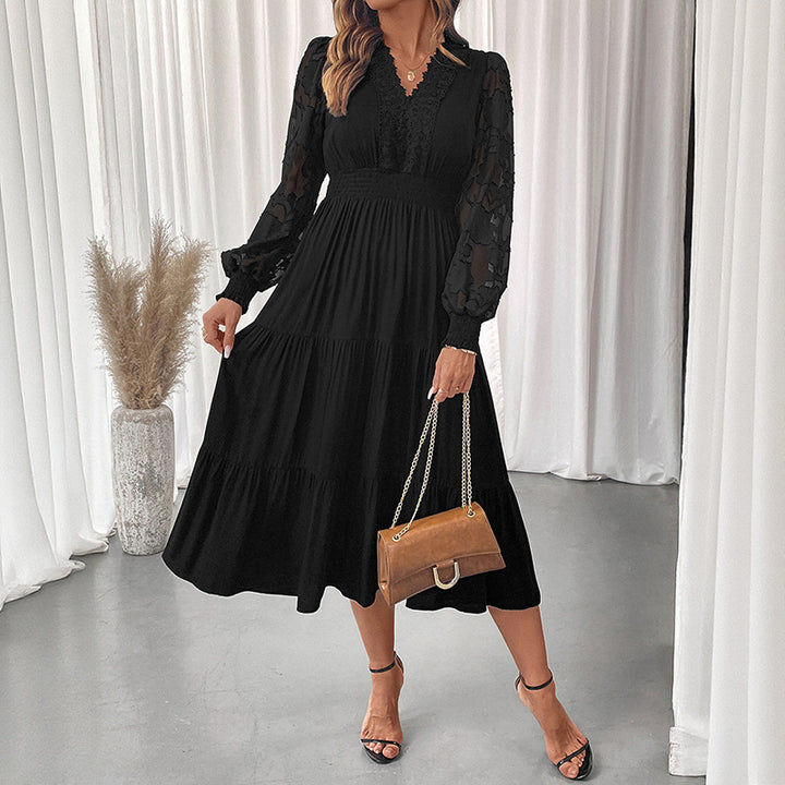 Damen Maxikleid mit breiten Puffärmeln und feinen Rüschendetails Drune