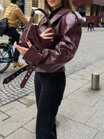 Damen Trendige Oversized-Lederjacke mit strukturierten Schulterpolstern und Taillengürtel Drune