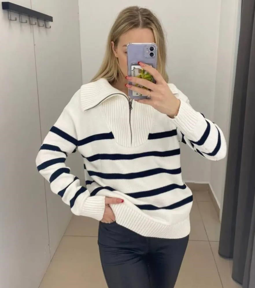 Damen gestreifter Pullover mit hohem Kragen und Reißverschluss Drune