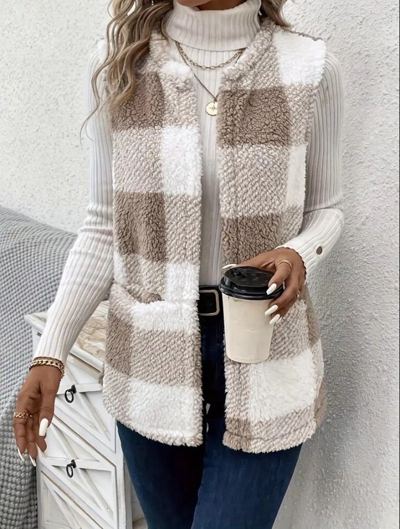 Damen Weicher Plaid-Weste mit seitlichen Taschen und gemütlichem Schnitt Drune