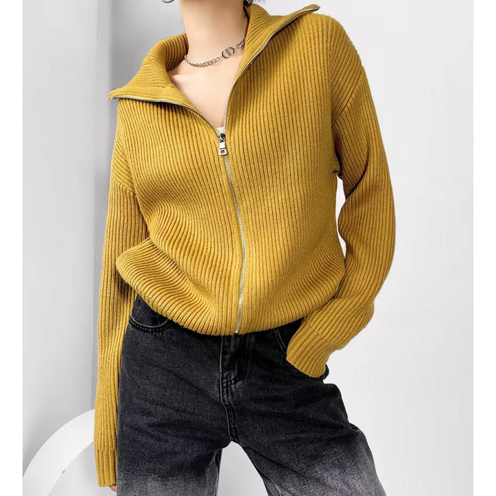 Damen modische Strickjacke mit hohem Kragen und Reißverschluss Drune