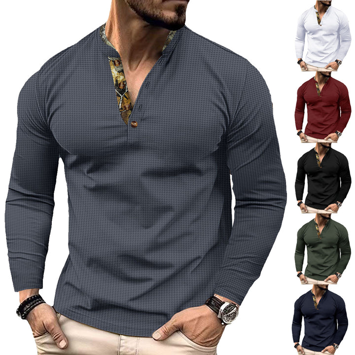 Herren nan langärmeliges Henley-Shirt mit Stehkragen und gemustertem Knopfleistenbesatz Drune