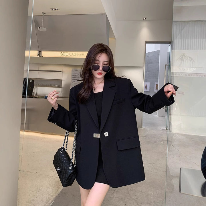 Damen modischer Oversize-Blazer mit elegantem Schnitt und dekorativem Schmuckelement Drune
