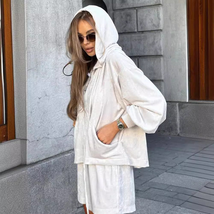 Damen lässiges Fleece-Set mit Kapuze und Taschen Drune