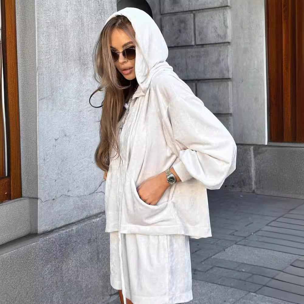 Damen lässiges Fleece-Loungewear-Set mit Kapuze Drune