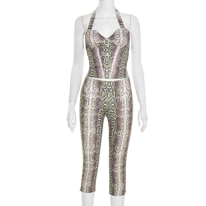 Damen trendiger Schlangenprint Jumpsuit mit tiefem Ausschnitt Drune