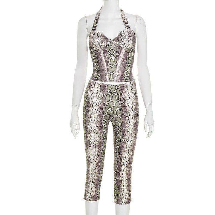 Damen trendiger Schlangenprint Jumpsuit mit tiefem Ausschnitt Drune