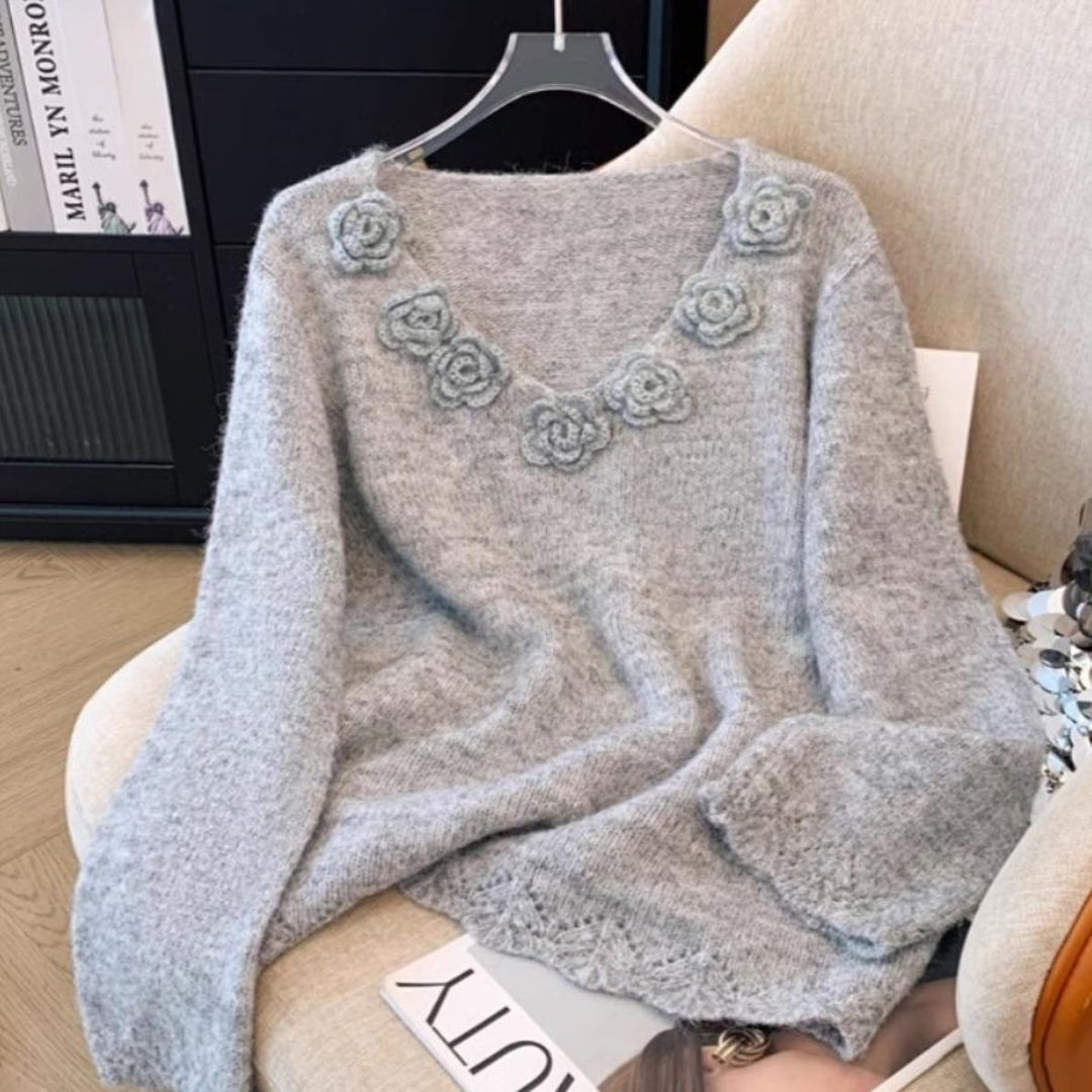 Damen Strickpullover mit floralen Akzenten Drune