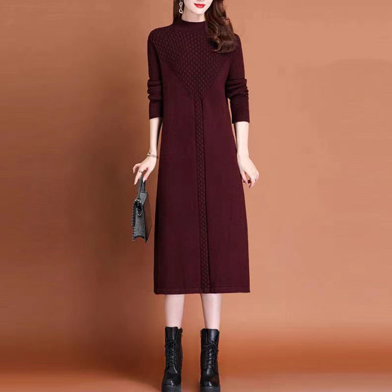 Damen Strickmaxikleid mit hohem Kragen und eleganten Zopfdetails Drune