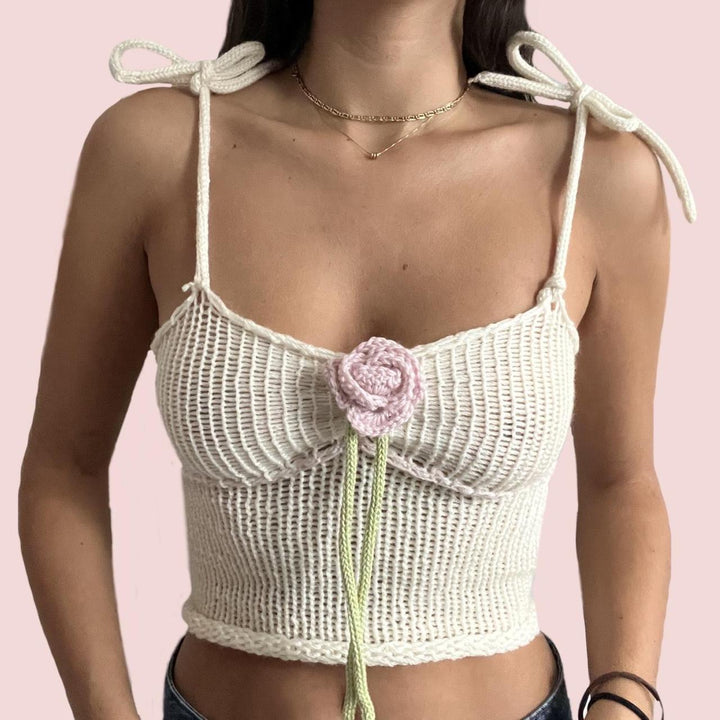 Damen gehäkeltes Crop-Top mit floralen Akzenten Drune