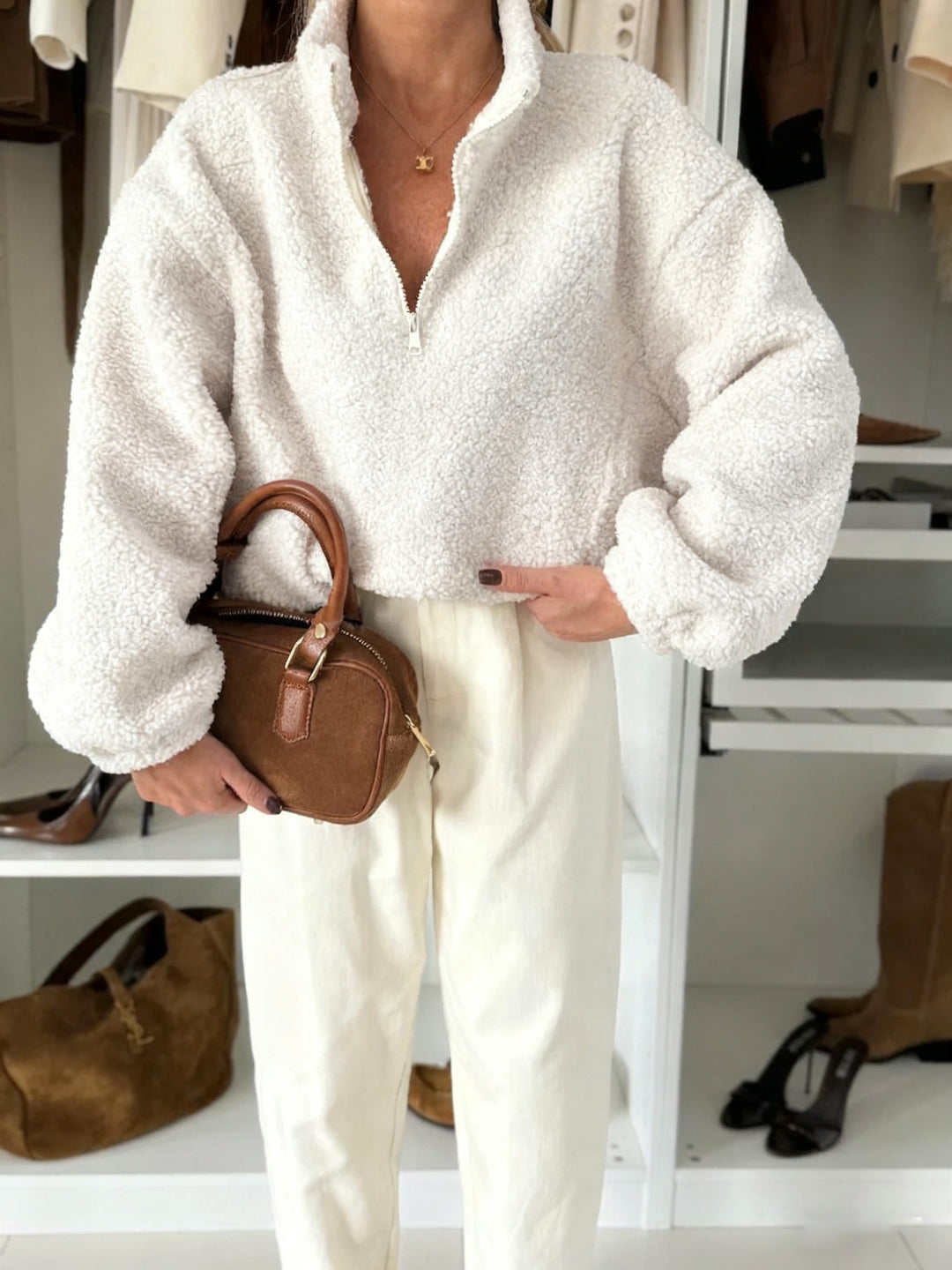 Damen lässiger Fleece-Pullover mit Stehkragen Drune