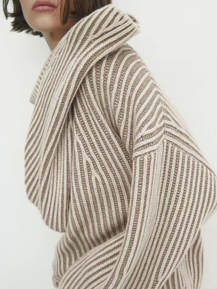 Damen gemütlicher Strickpullover mit hohem Kragen und modernen Streifen Drune