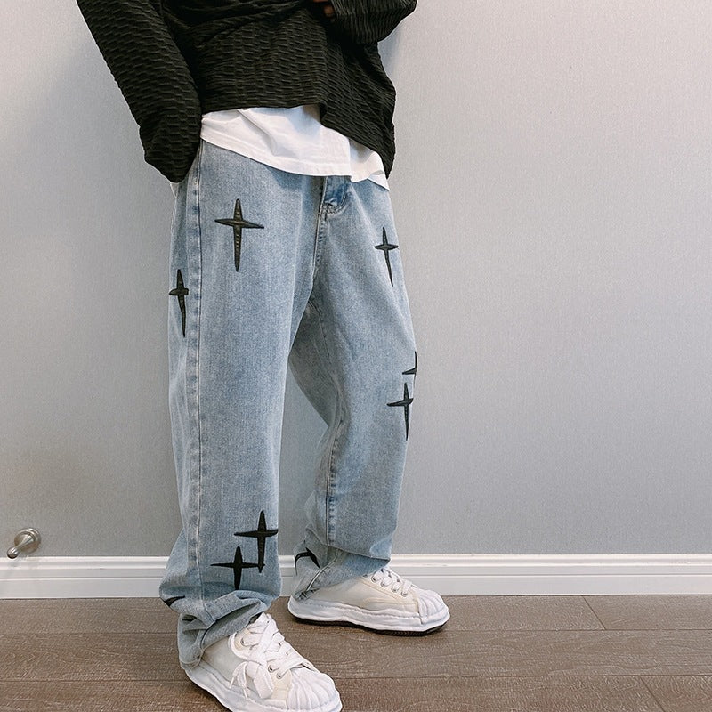 Drune | Blasting Bedruckte Baggy Weit Geschnittene Jeans Für Männer