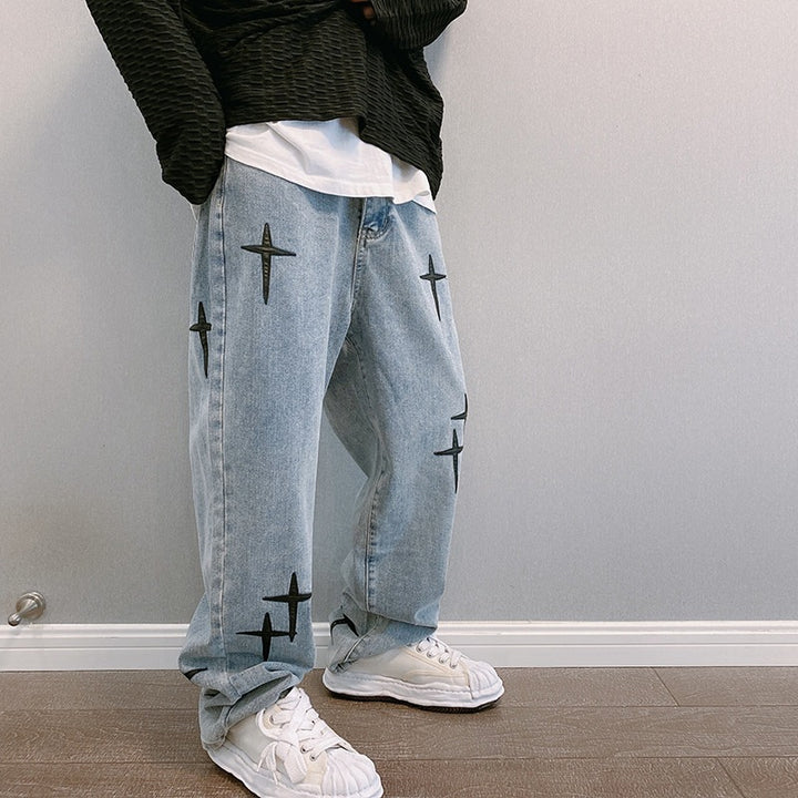 Drune | Blasting Bedruckte Baggy Weit Geschnittene Jeans Für Männer