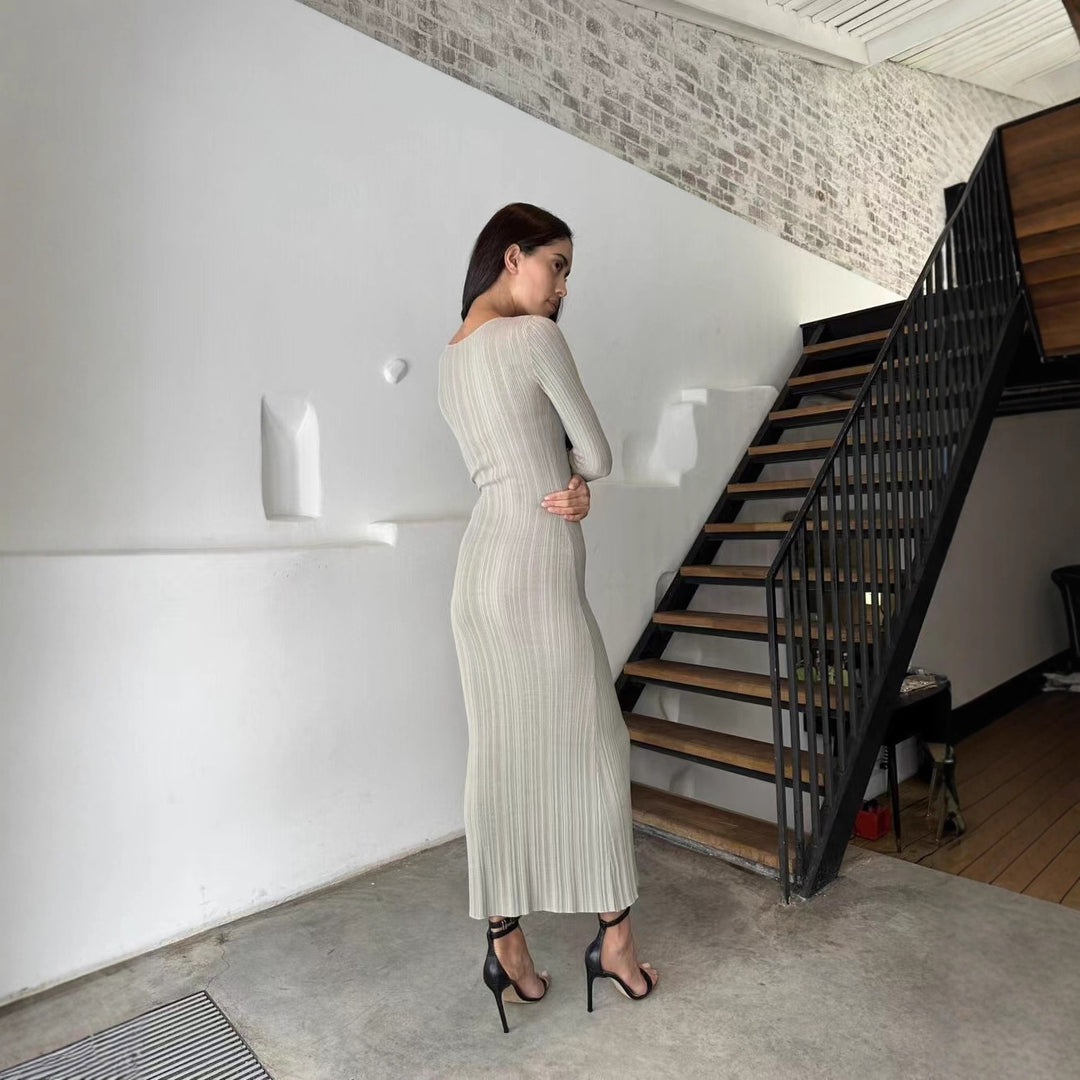 Damen Elegantes Rippstrick-Maxikleid mit langen Ärmeln und figurbetontem Schnitt Drune