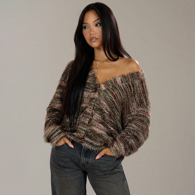 Damen luftiger Strickpullover mit tiefem V-Ausschnitt und charmantem Farbverlauf Drune
