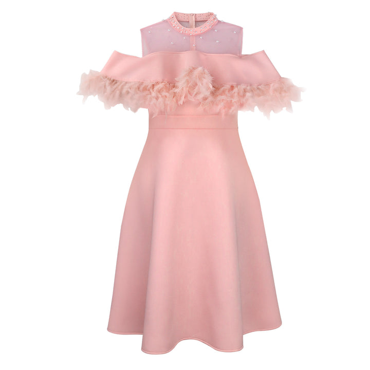 Damen elegantes Kleid mit transparenten Puffärmeln und dekorativen Federdetails Drune
