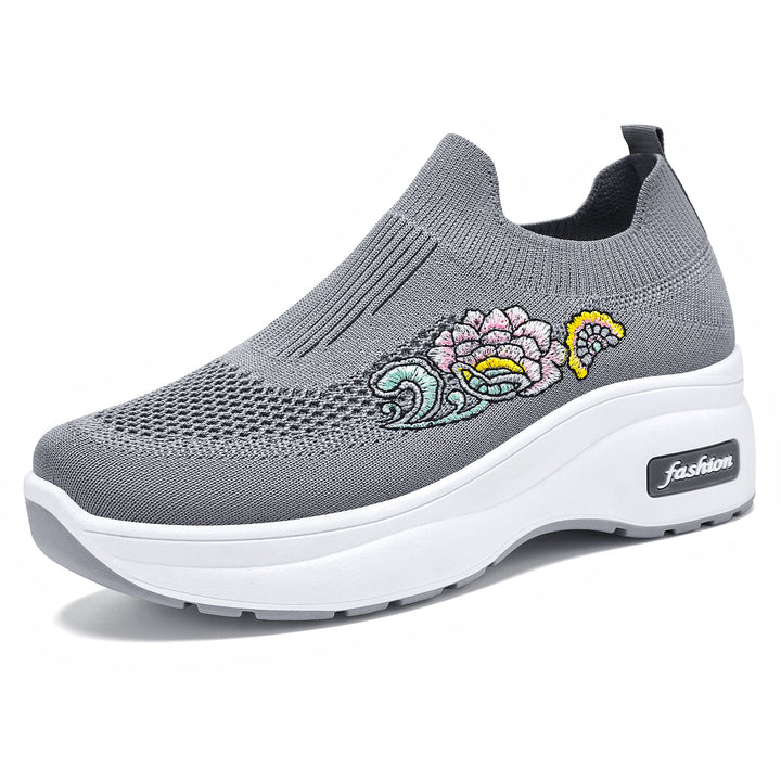 Damen nan elastischer Strick-Slipper mit aufgesticktem Blumenmotiv und stützender Keil-Laufsohle Drune