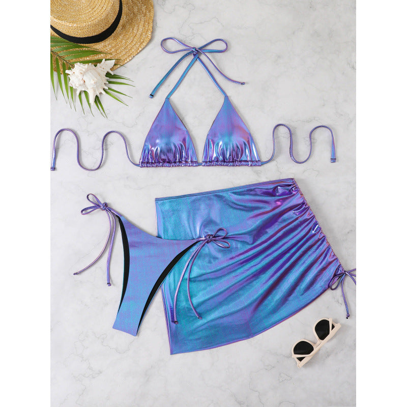 Damen Glänzendes Triangel-Bikini-Set mit Wickelrock Drune