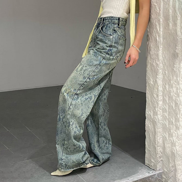 Damen nan hochgeschnittene Jeans mit Schlangenprint, weitem Bein und geradem Schnitt Drune
