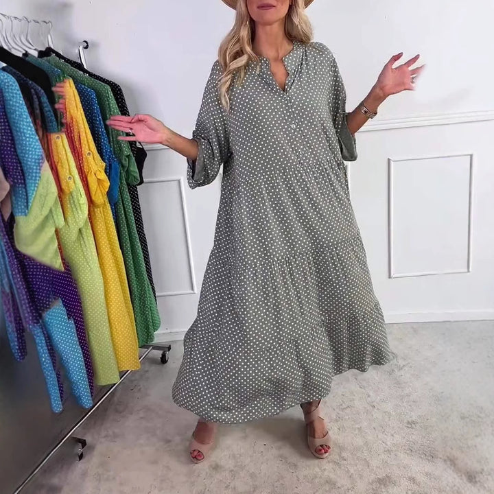 Damen nan lässiges Stufenmidikleid mit Stehkragen, verdeckter Knopfleiste und dreiviertelärmeln Drune