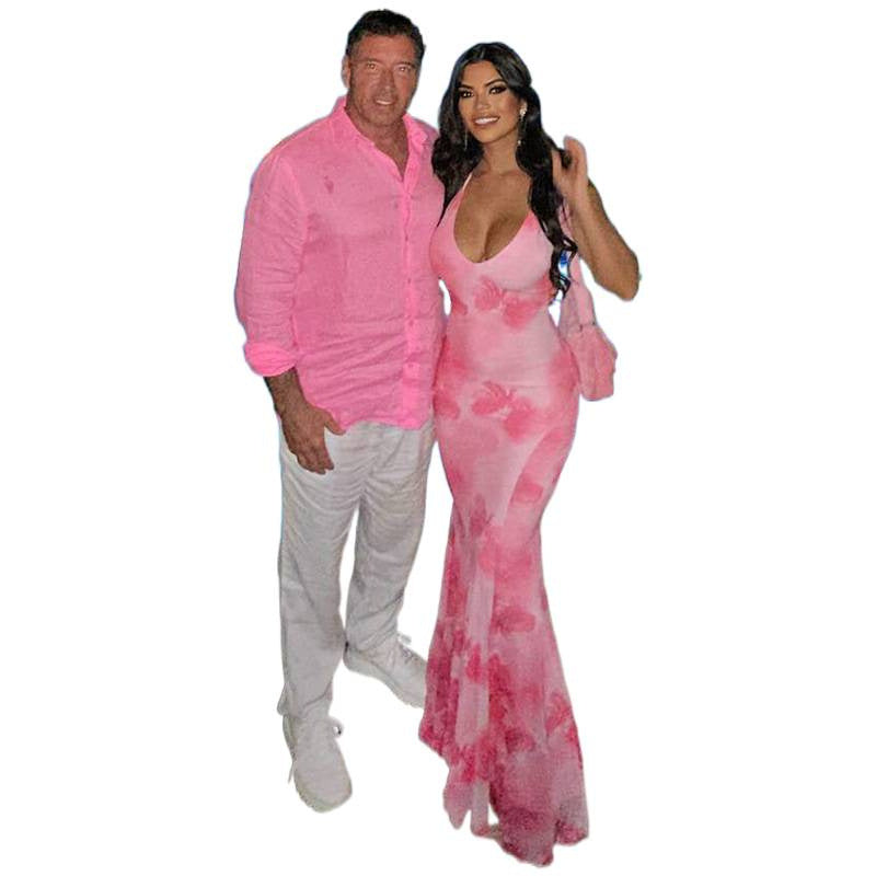 Damen Maxikleid mit tiefem V-Ausschnitt und floralen Akzenten Drune