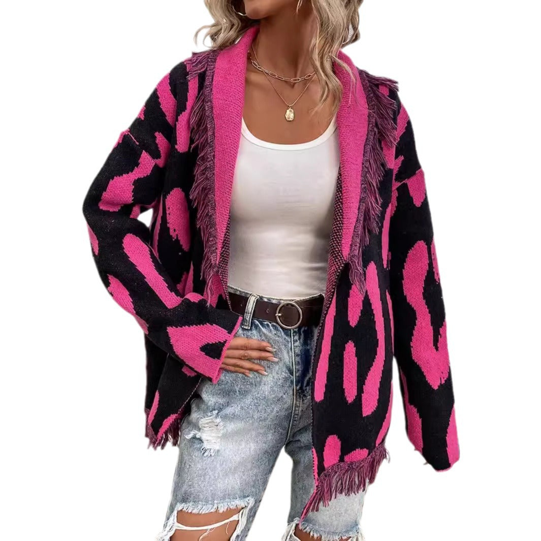 Damen Modische Strickjacke mit Fransendetails im auffälligen Tierdesign Drune