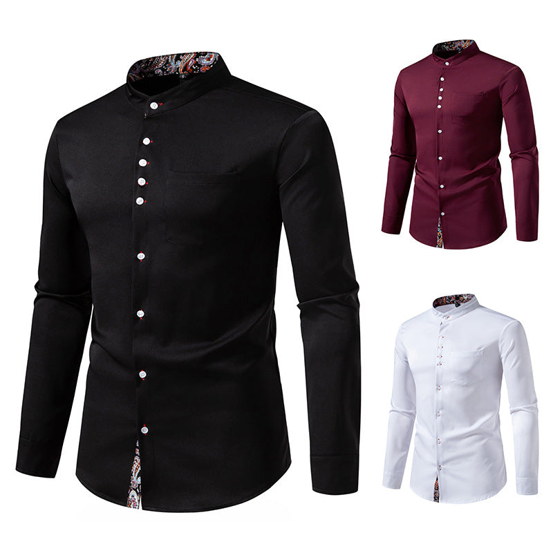 Herren Langarm Hemd mit modernem Stehkragen und Paisleymuster Drune