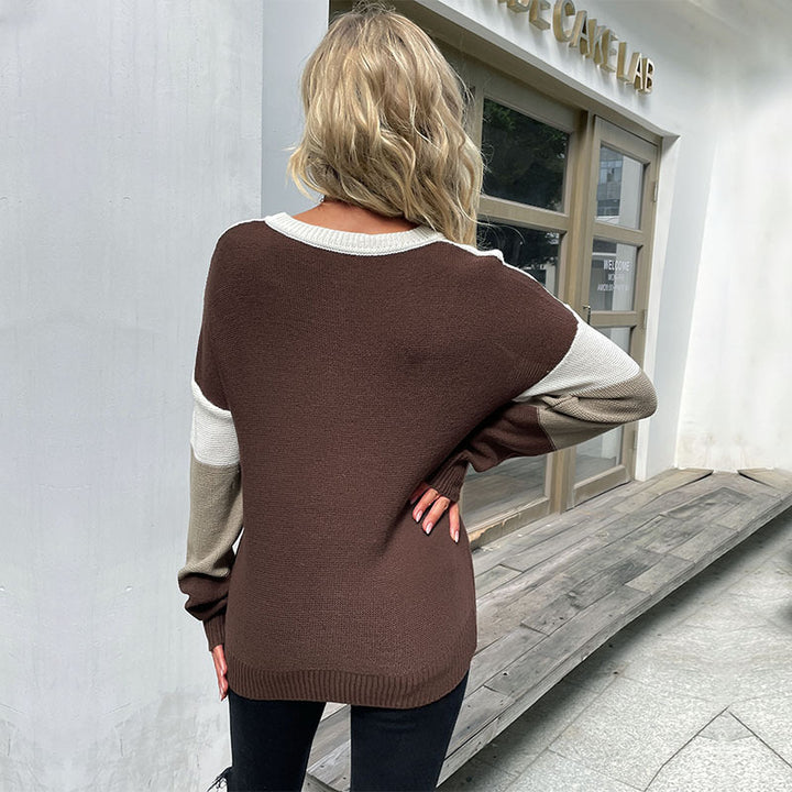 Damen lockerer Strickpullover mit tierischem Muster und modernem Farbblockdesign Drune
