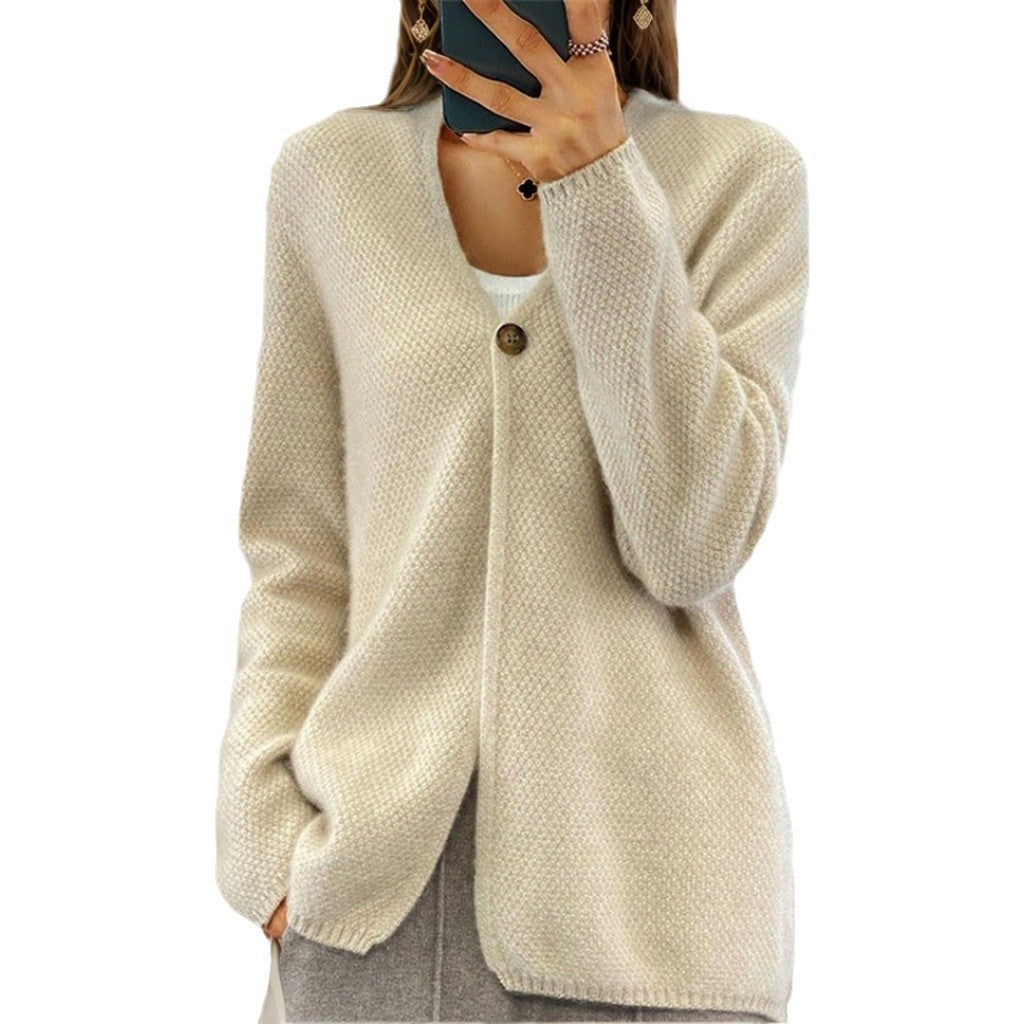 Damen nan kaschmirähnlicher Strukturstrick-Cardigan mit Ein-Knopf-Verschluss und hüftbedeckender Passform Drune