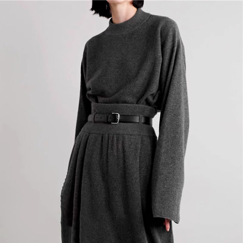 Damen eleganter Strickkleid mit Taillengürtel Drune
