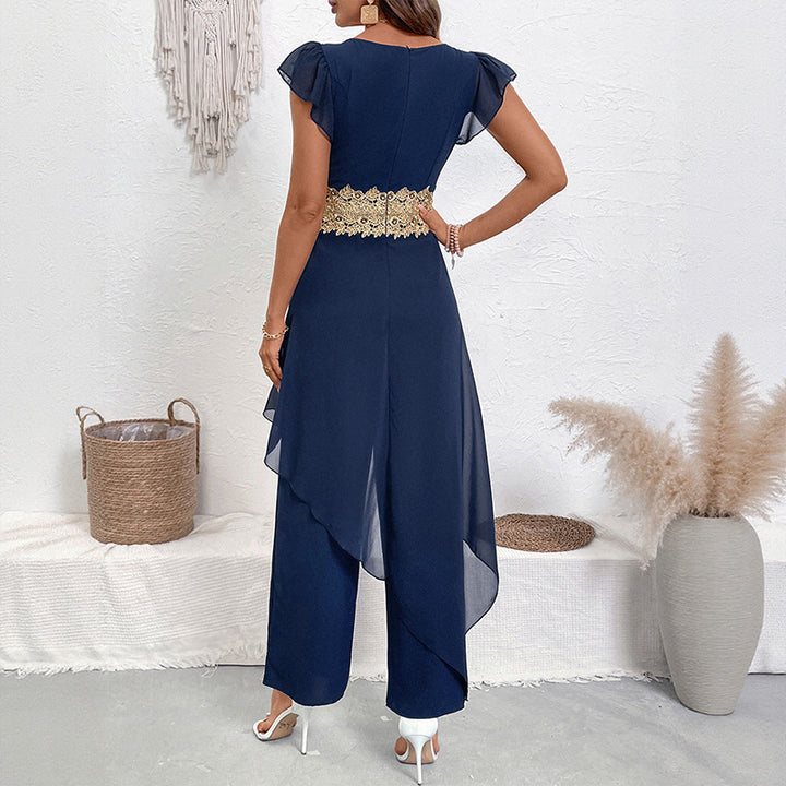 Damen eleganter Jumpsuit mit floralen Spitzenakzenten und weichem Schnitt Drune