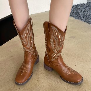 Damen Western-Cowboy-Boots mit aufwendiger Stickerei, mittlerer Schafthöhe und robuster Blockabsatz Drune