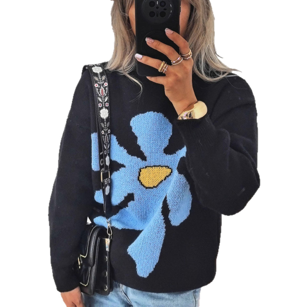 Damen lässiger Strickpullover mit buntem Blumenmotiv und überschnittenen Schultern Drune