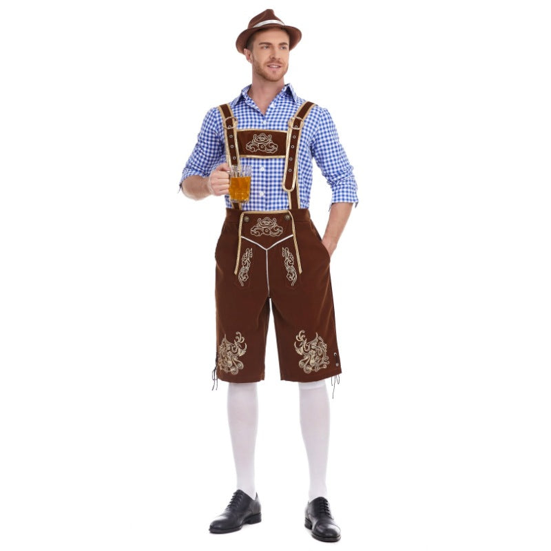 Herren nan Filzoptik-Lederhose knielang mit barocker Stickerei, verstellbaren Trägern und Dekornieten Drune