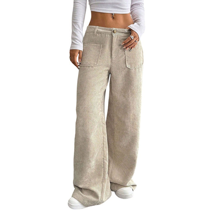 Damen weite Cord-Hose mit Taschen und hohen Bund Drune
