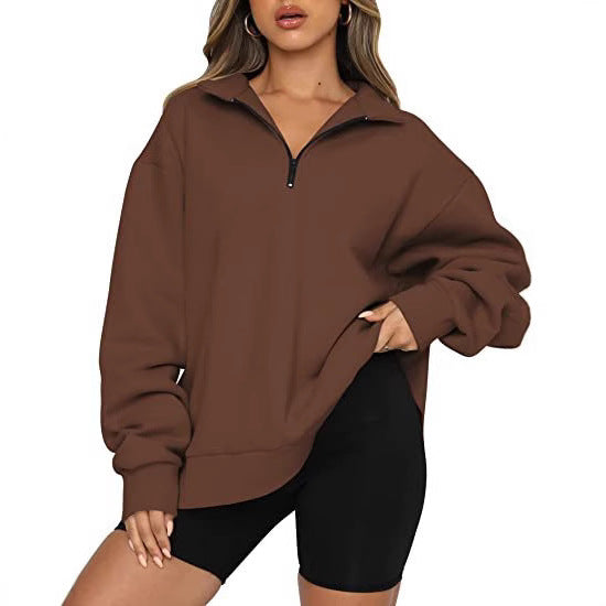 Damen Oversized Pullover mit kurzem Reißverschluss und lässigem Schnitt Drune
