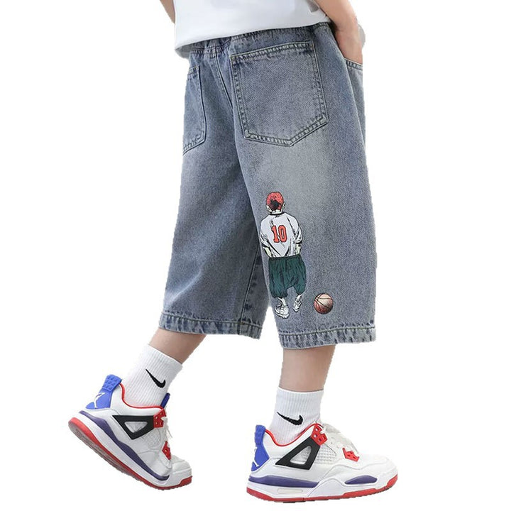Jungen lässige Denim-Shorts mit coolem Basketball-Motiv Drune