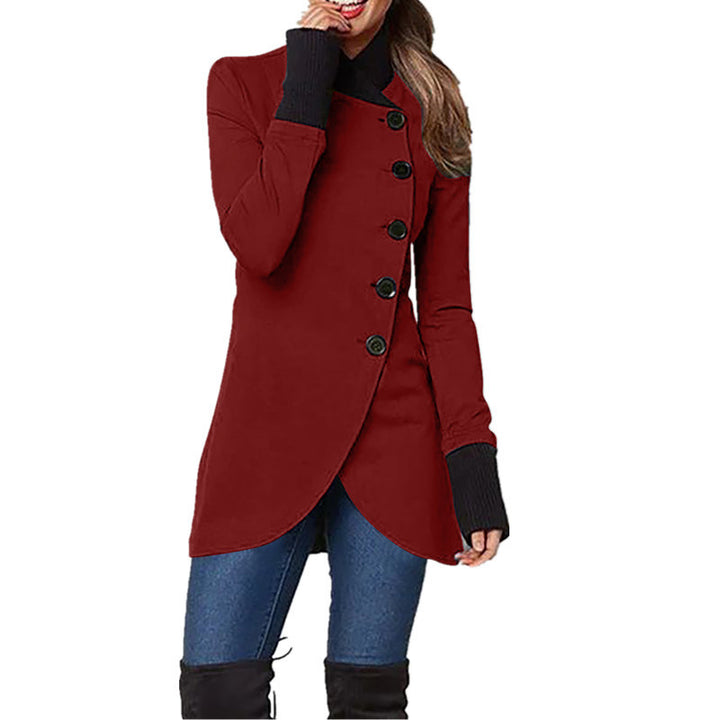 Damen nan asymmetrische lange Strickjacke mit Knopfverschluss und Rippbündchen Drune